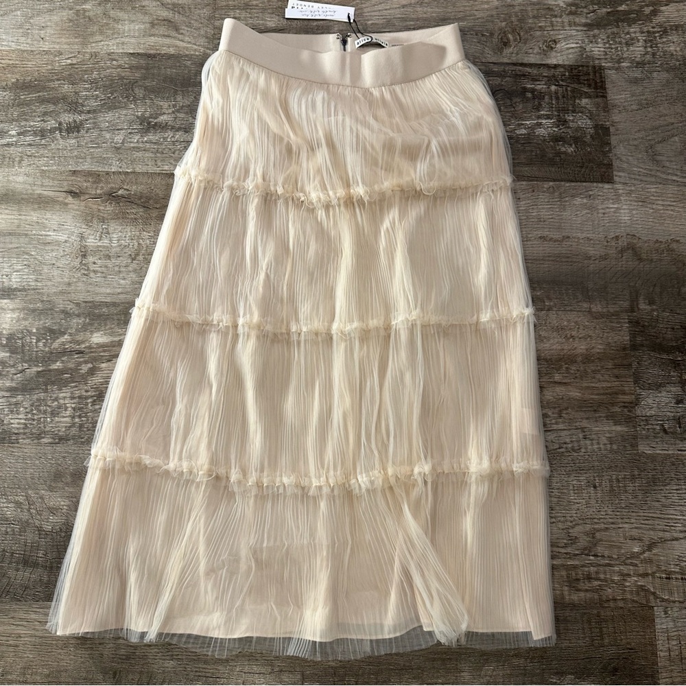 Alice +‎ Olivia Tiered Tulle Midi Skirt Champagne Beige Pleated Mesh CC104086306 - Picture 2 of 10